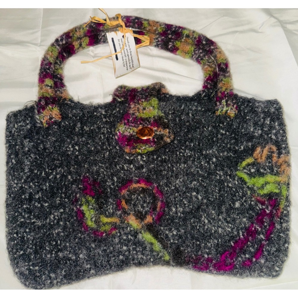 Handmade Felted Wool Tote Bag Colorful Floral Applique Button‎ Closure